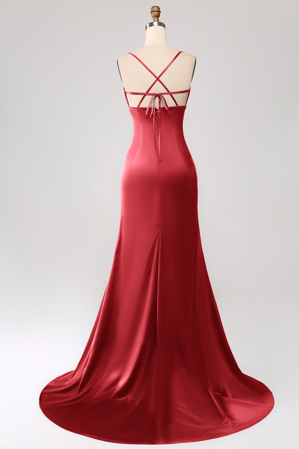 Vestido de fiesta de satén con tirantes de espagueti de sirena verde oscuro con plisado