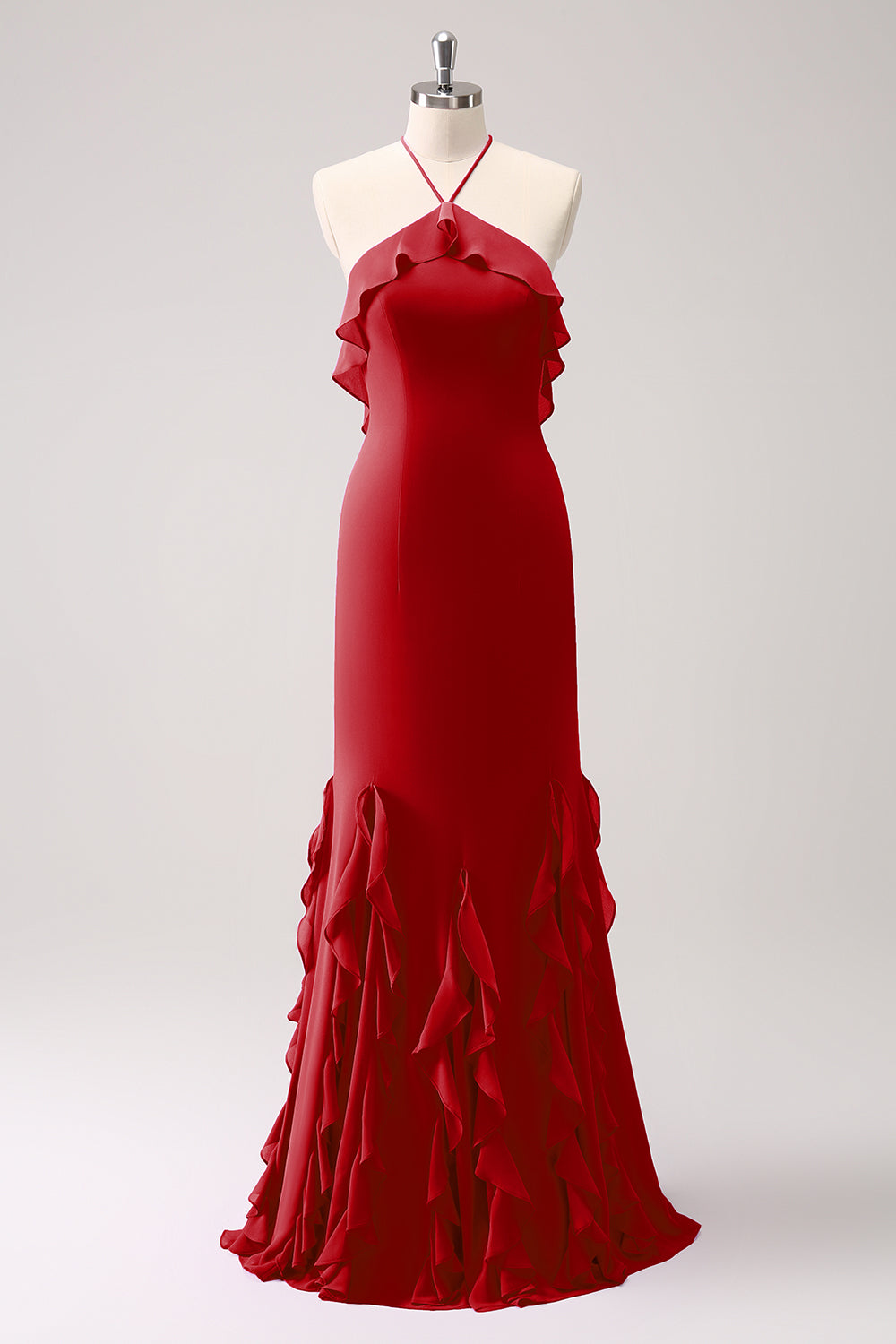 Vestido largo de dama de honor de gasa con volantes halter de sirena de Tahití