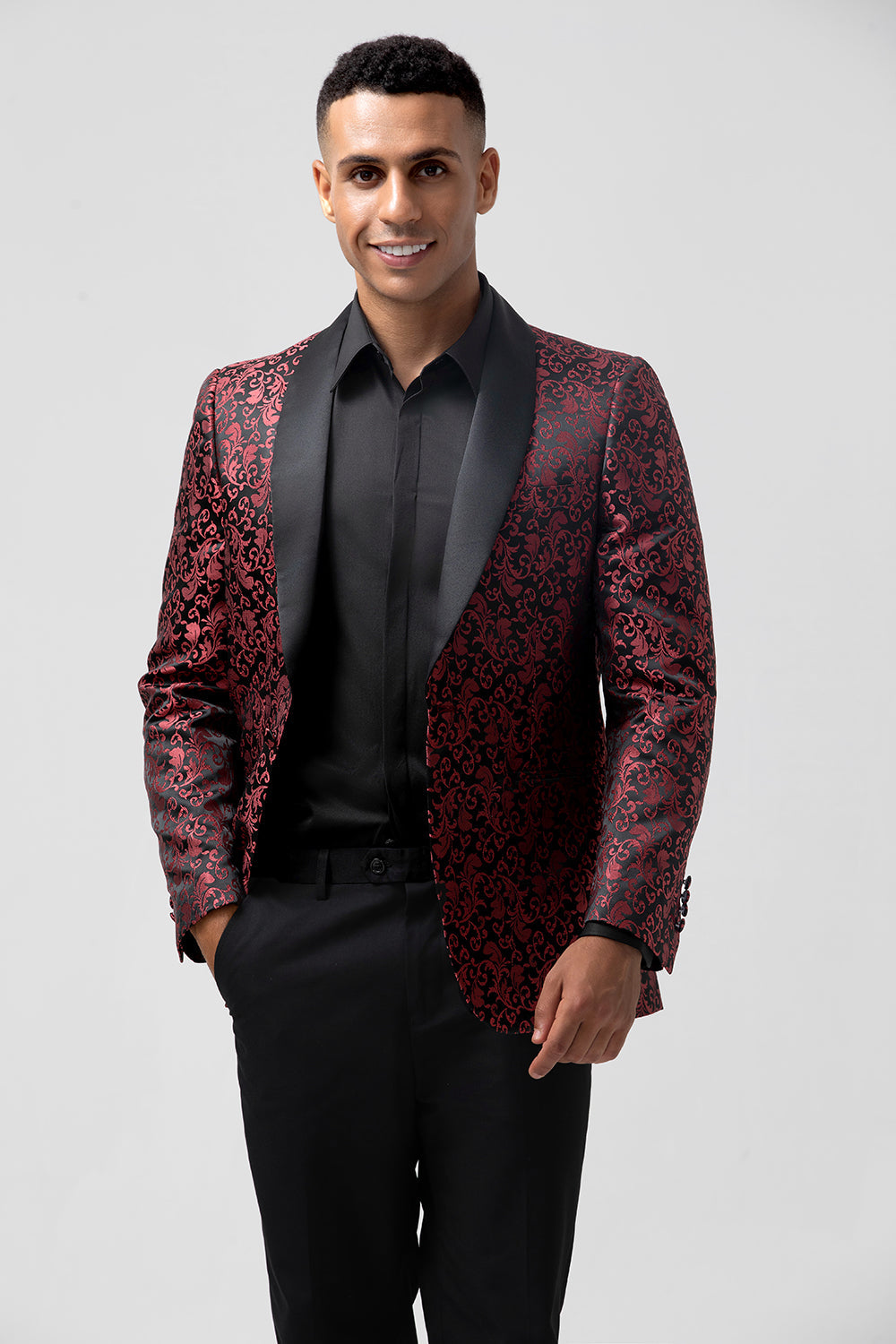 Trajes de novio de hombre chal jacquard rojo de 2 piezas con solapa