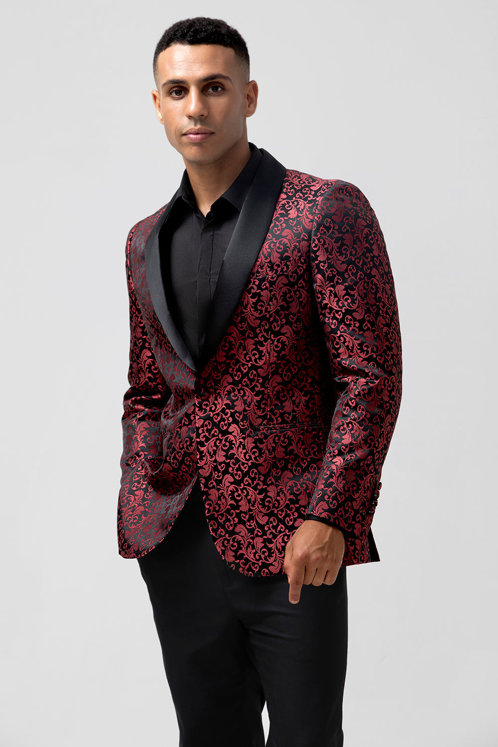 Trajes de novio de hombre chal jacquard rojo de 2 piezas con solapa