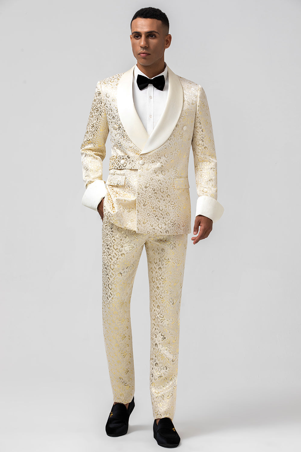 Glitter Champagne Chal Solapa Jacquard 2 Piezas Trajes de Fiesta para Hombre con Cinturón