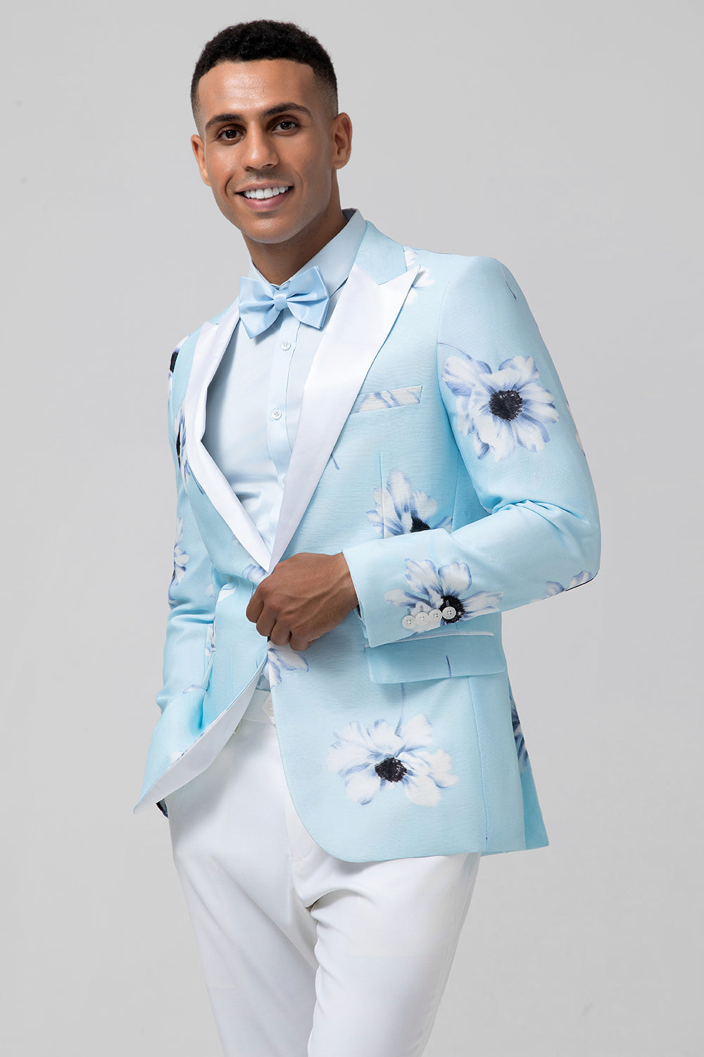 Solapa de pico azul claro Un botón 2 piezas Floral Trajes de fiesta para hombre