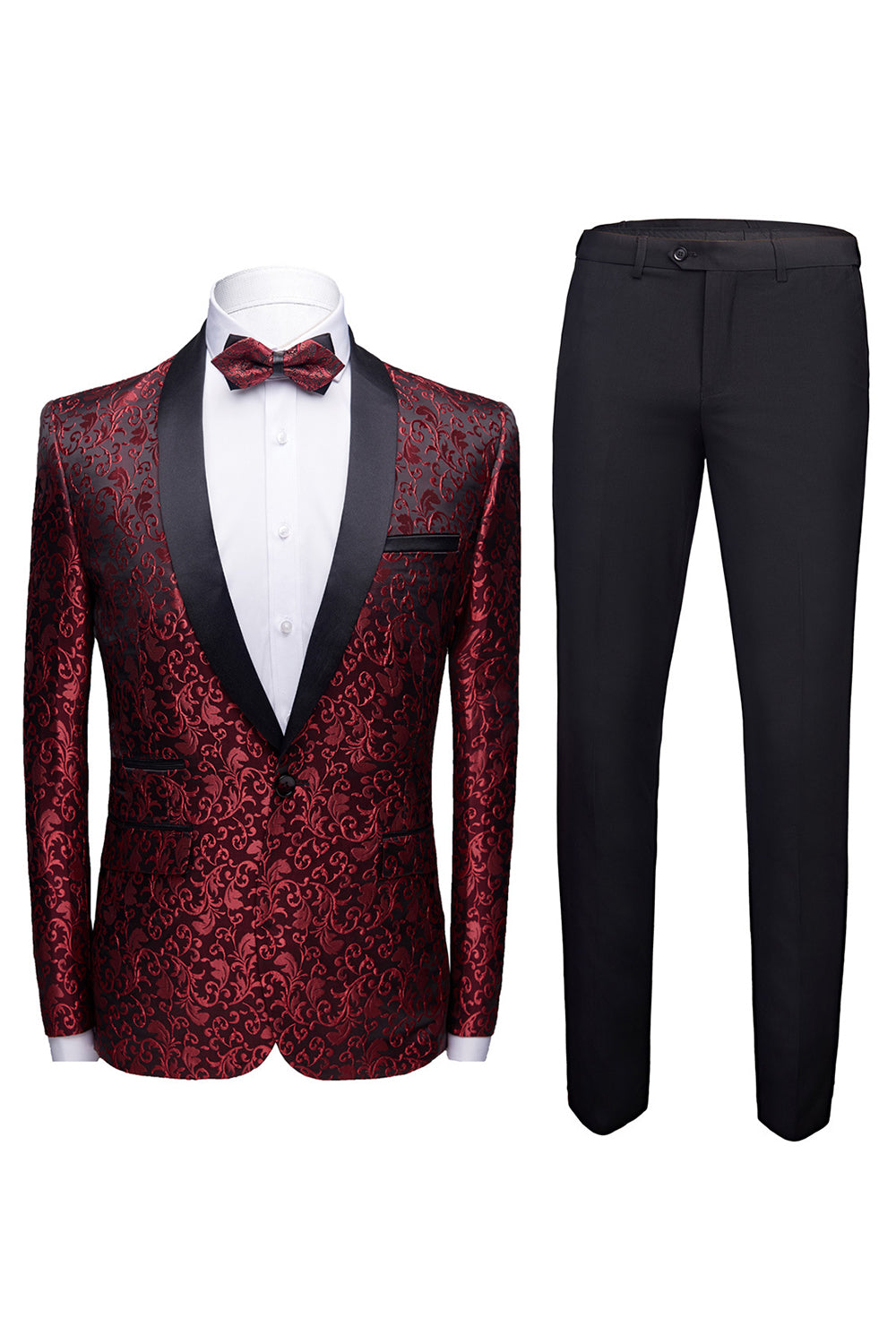 Trajes de novio de hombre chal jacquard rojo de 2 piezas con solapa