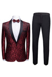Trajes de novio de hombre chal jacquard rojo de 2 piezas con solapa