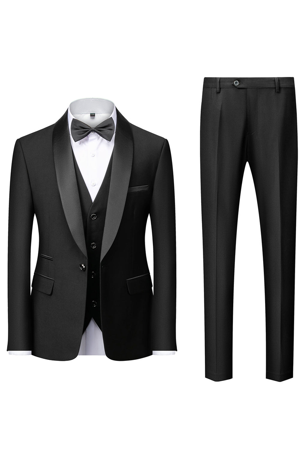 Traje de hombre chal negro solapa 3 piezas slim fit