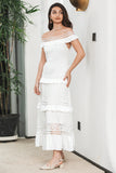 Vestido de fiesta de compromiso boho largo escalonado blanco con encaje