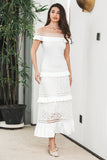 Vestido de fiesta de compromiso boho largo escalonado blanco con encaje
