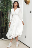 Vestido de fiesta de compromiso boho blanco de manga larga con encaje