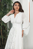 Vestido de fiesta de compromiso boho blanco de manga larga con encaje