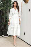 Vestido de fiesta de compromiso boho blanco con mangas 3/4 y encaje