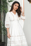 Vestido de fiesta de compromiso boho blanco con mangas 3/4 y encaje