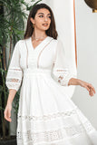 Vestido de fiesta de compromiso boho blanco con mangas 3/4 y encaje