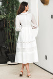 Vestido de fiesta de compromiso boho blanco con mangas 3/4 y encaje