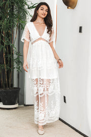 Vestido de fiesta formal con mangas de murciélago maxi blanco con encaje