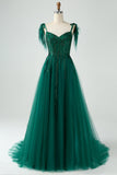 Vestido de fiesta largo de tul con tirantes de espagueti de línea A verde oscuro con abalorios