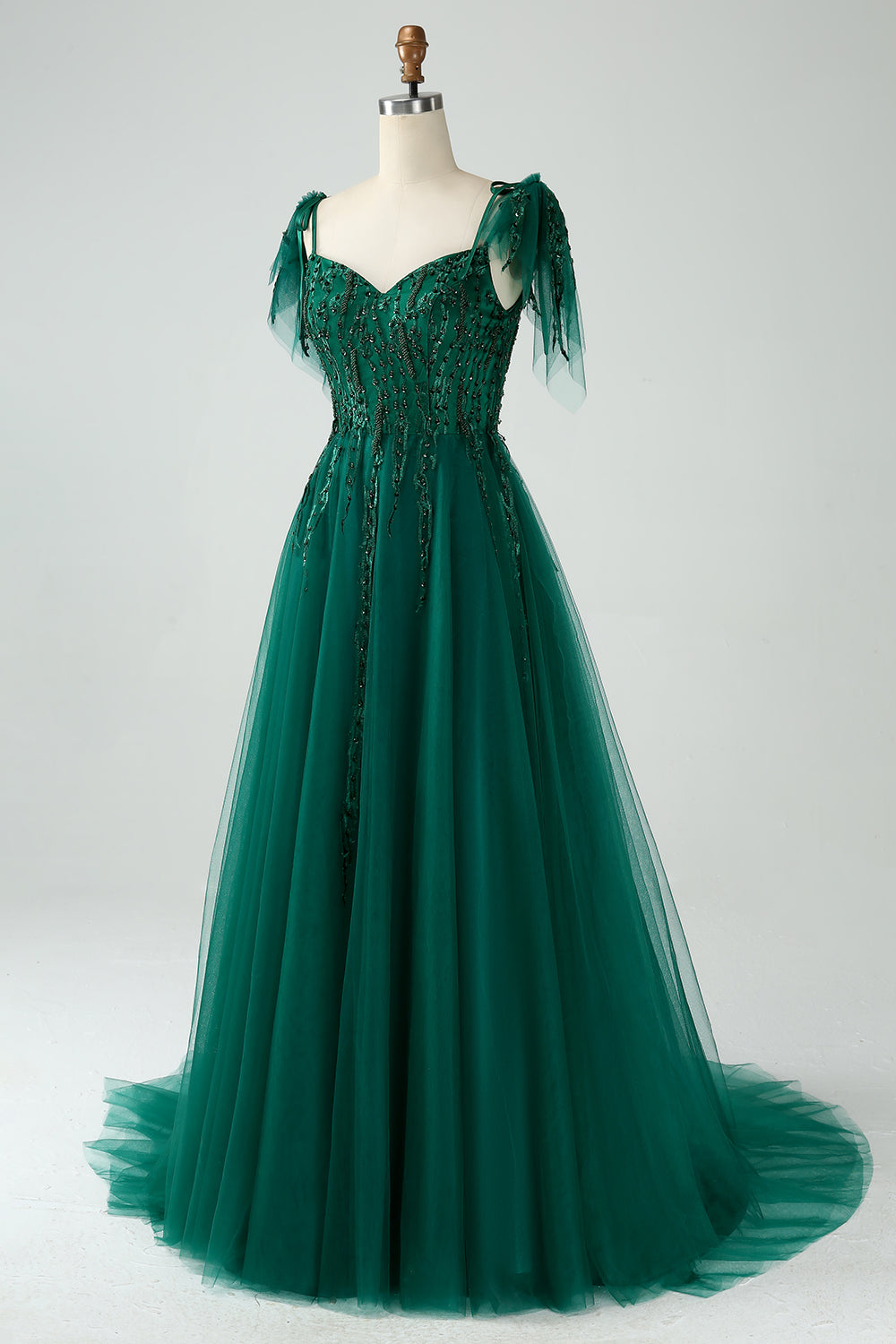 Vestido de fiesta largo de tul con tirantes de espagueti de línea A verde oscuro con abalorios