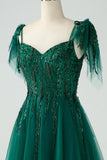 Vestido de fiesta largo de tul con tirantes de espagueti de línea A verde oscuro con abalorios