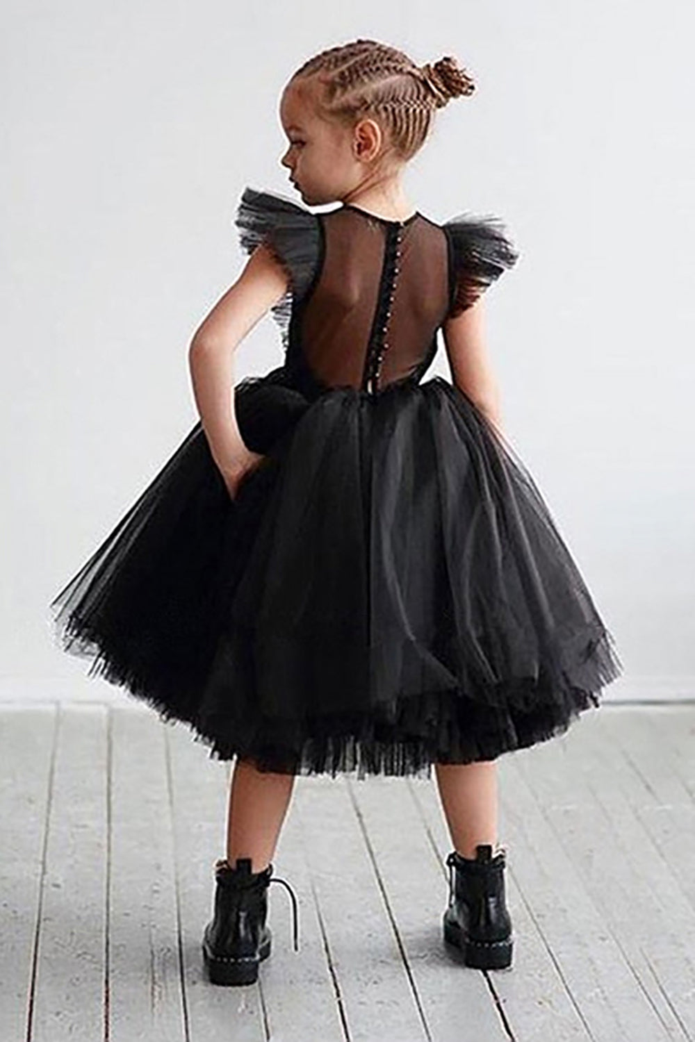 Vestido blanco de niña de tul sin mangas de tul de cuello redondo A Line