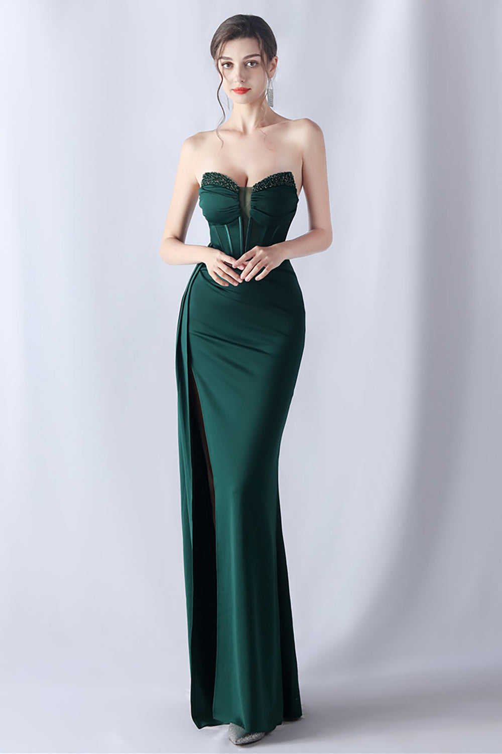 Vestido de fiesta de corsé largo sin tirantes de sirena azul marino con abertura