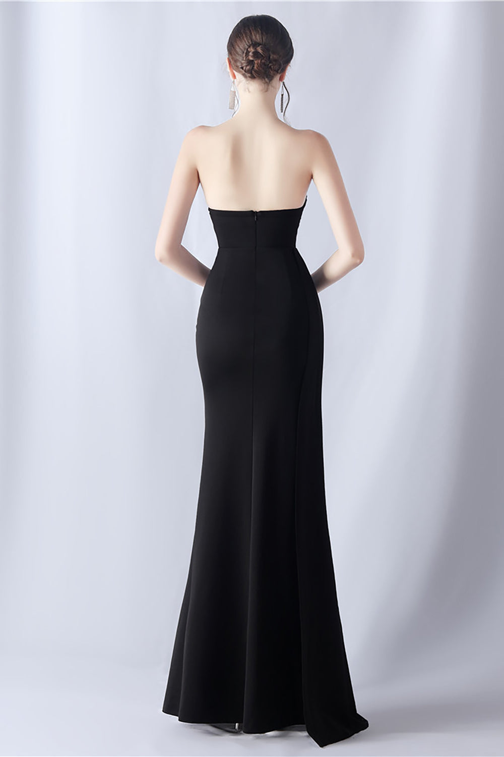 Vestido de fiesta de corsé largo sin tirantes de sirena azul marino con abertura