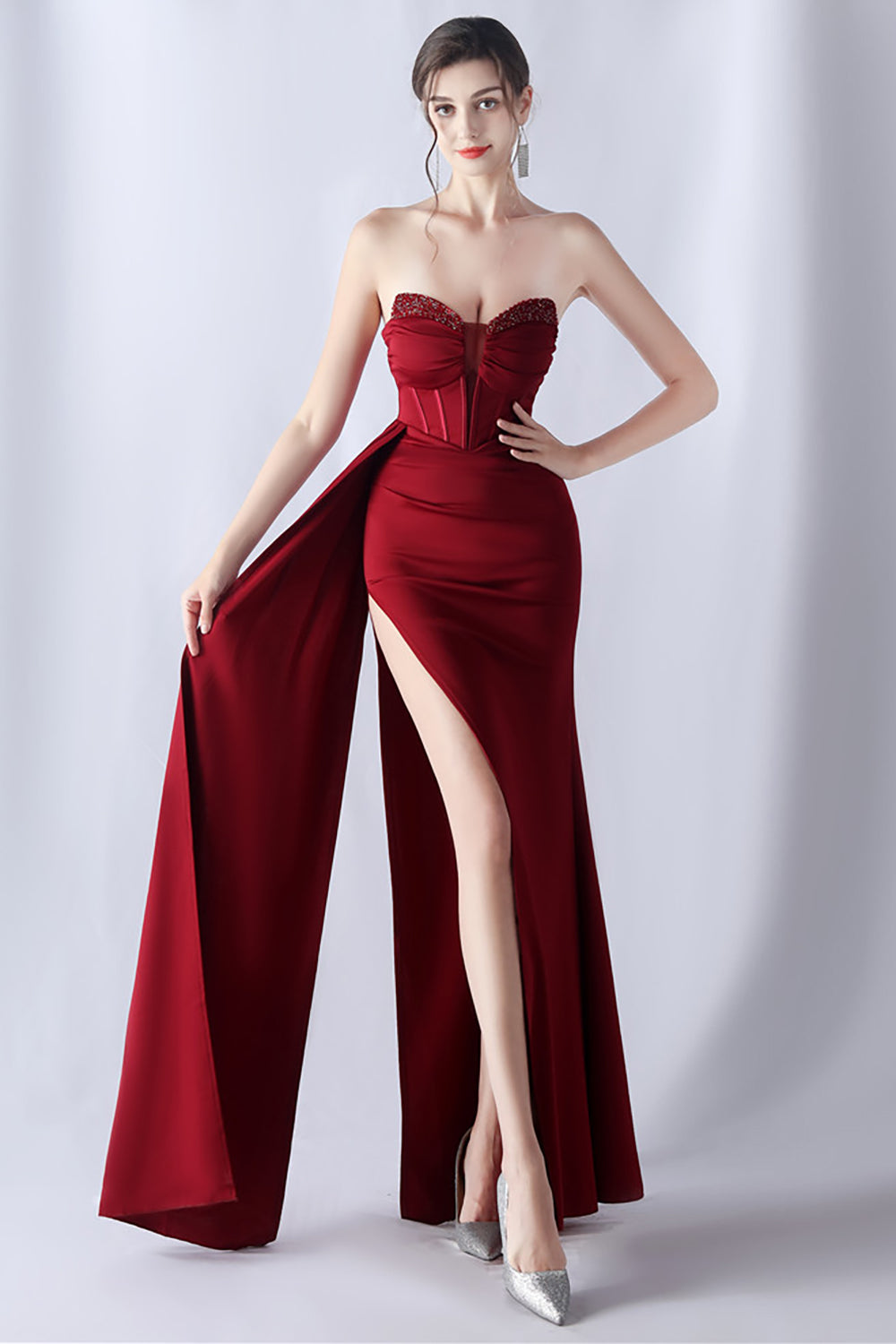 Vestido de fiesta de corsé largo sin tirantes de sirena azul marino con abertura