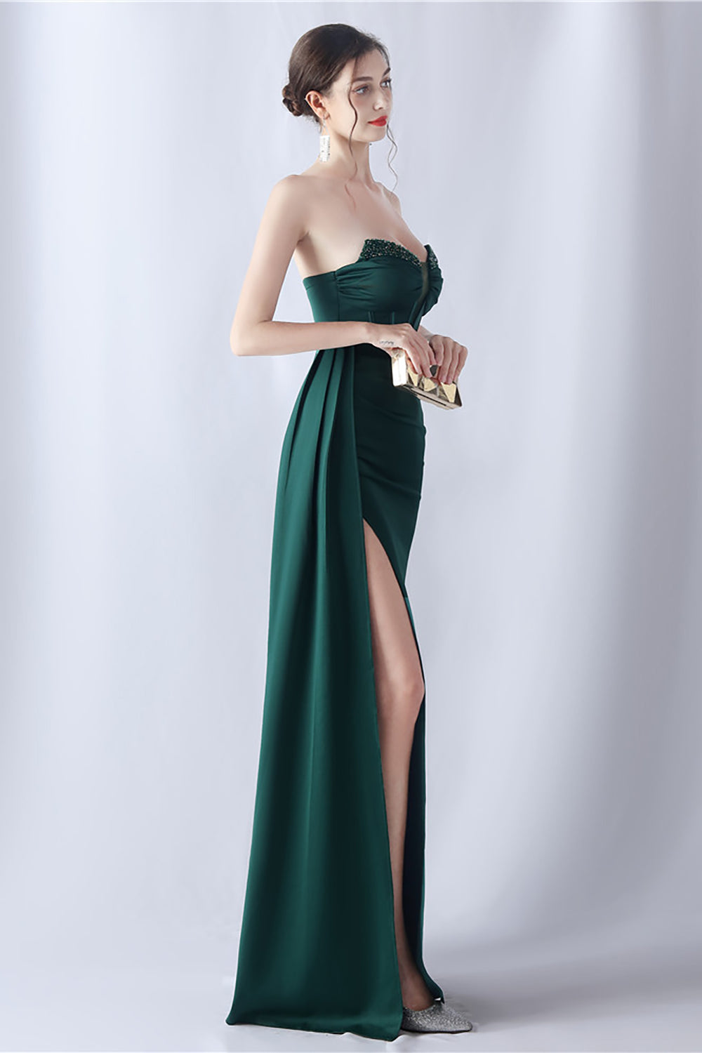 Vestido de fiesta de corsé largo sin tirantes de sirena azul marino con abertura