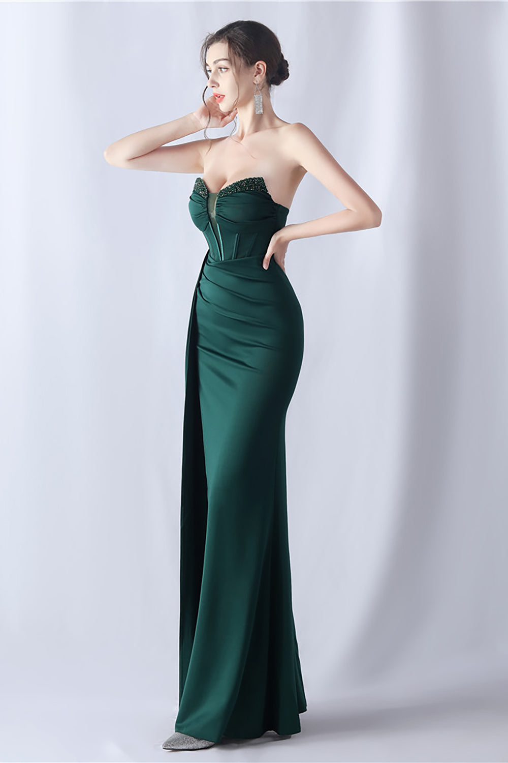 Vestido de fiesta de corsé largo sin tirantes de sirena azul marino con abertura