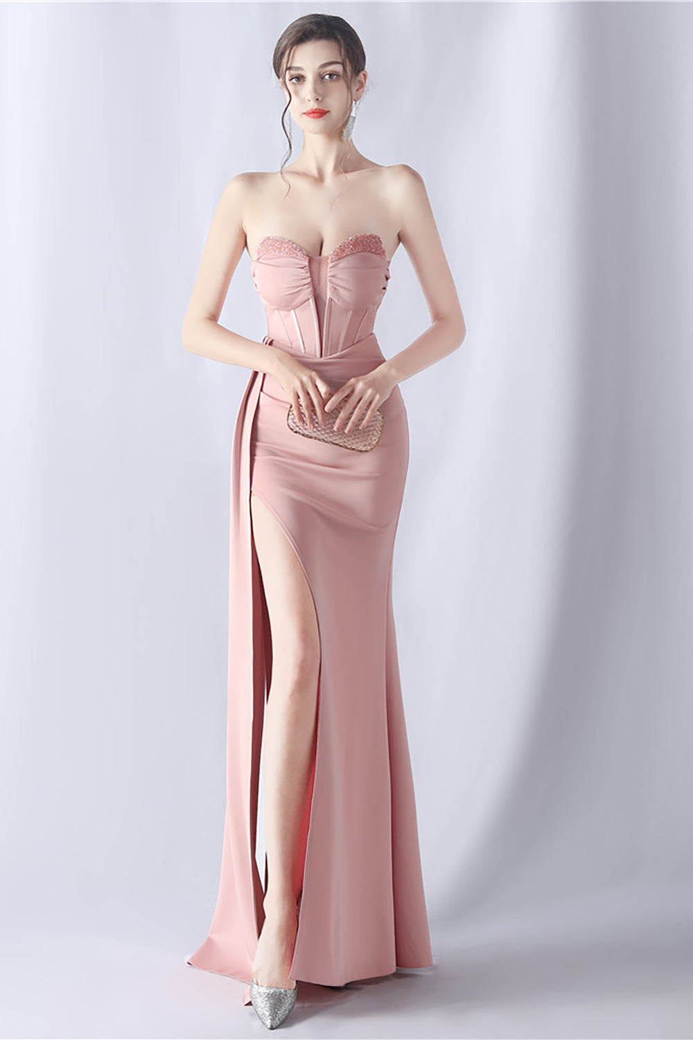 Vestido de fiesta de corsé largo sin tirantes de sirena azul marino con abertura