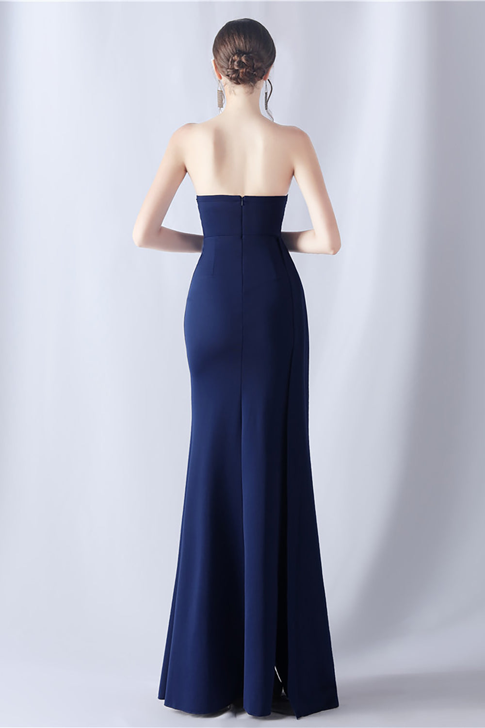 Vestido de fiesta de corsé largo sin tirantes de sirena azul marino con abertura