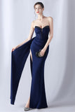 Vestido de fiesta de corsé largo sin tirantes de sirena azul marino con abertura