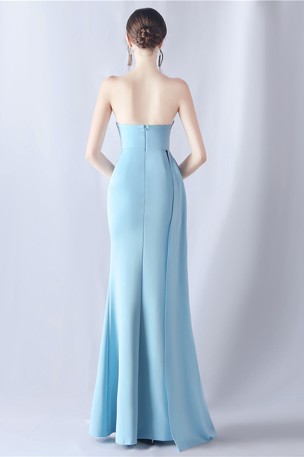 Vestido de fiesta de corsé largo sin tirantes de sirena azul marino con abertura