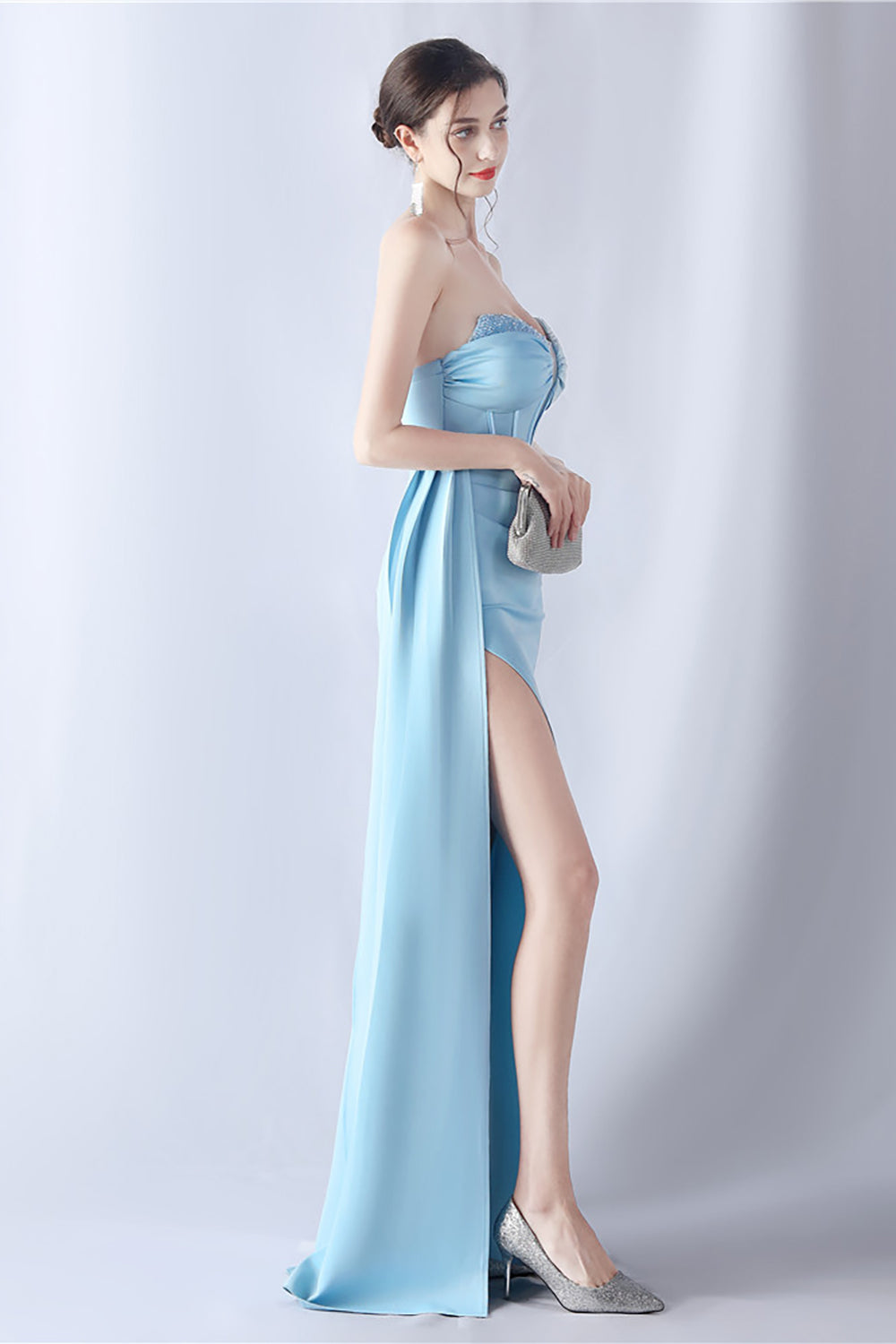 Vestido de fiesta de corsé largo sin tirantes de sirena azul marino con abertura