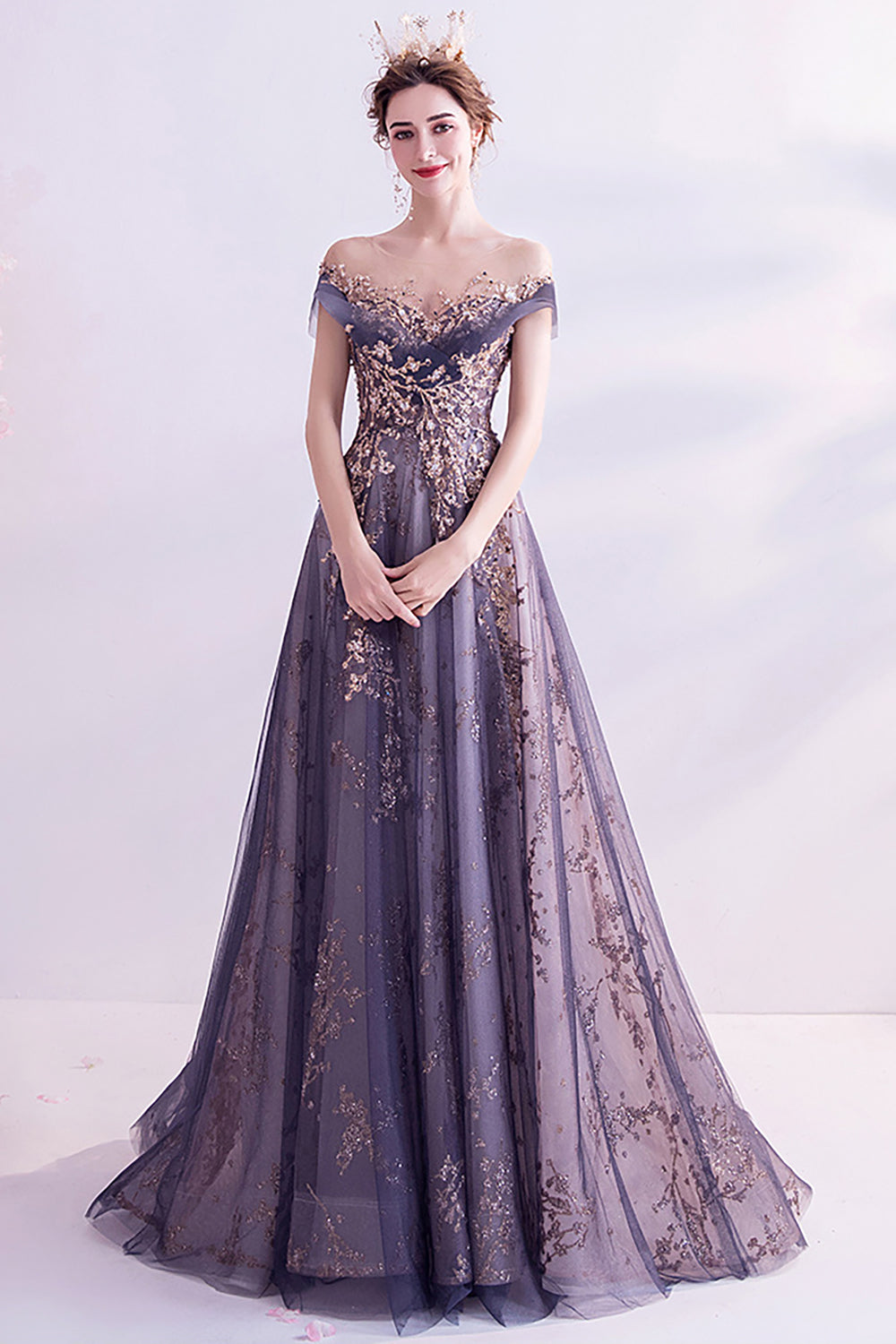 Vestido largo de fiesta de tul de tul púrpura brillante