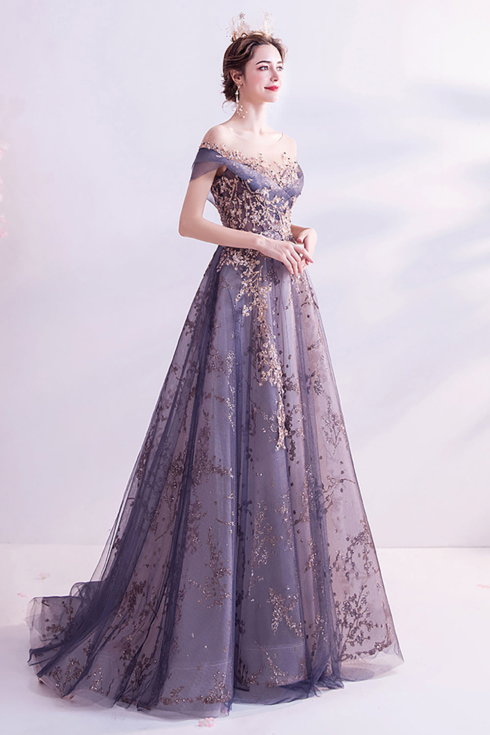 Vestido largo de fiesta de tul de tul púrpura brillante