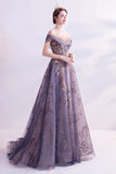 Vestido largo de fiesta de tul de tul púrpura brillante