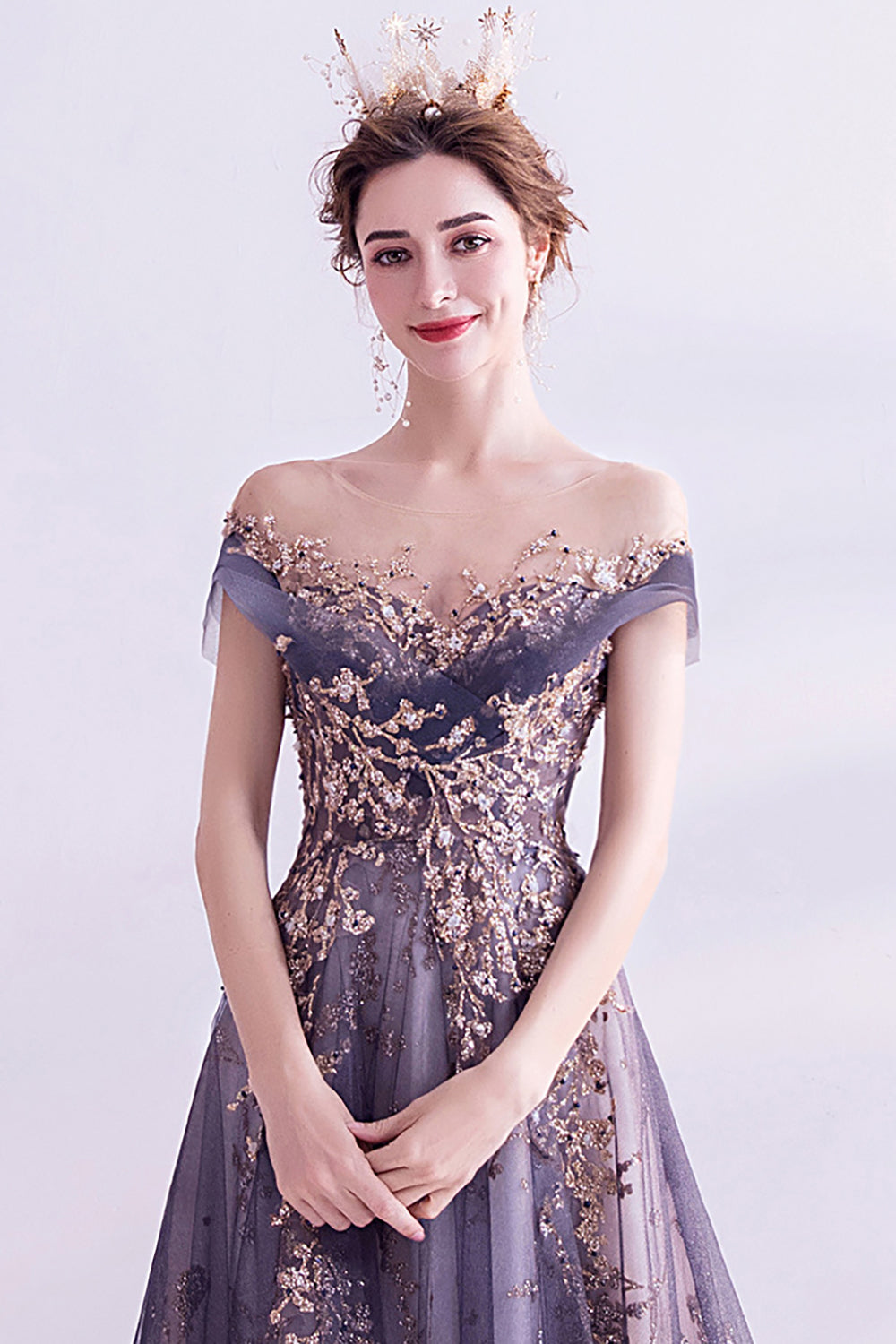 Vestido largo de fiesta de tul de tul púrpura brillante