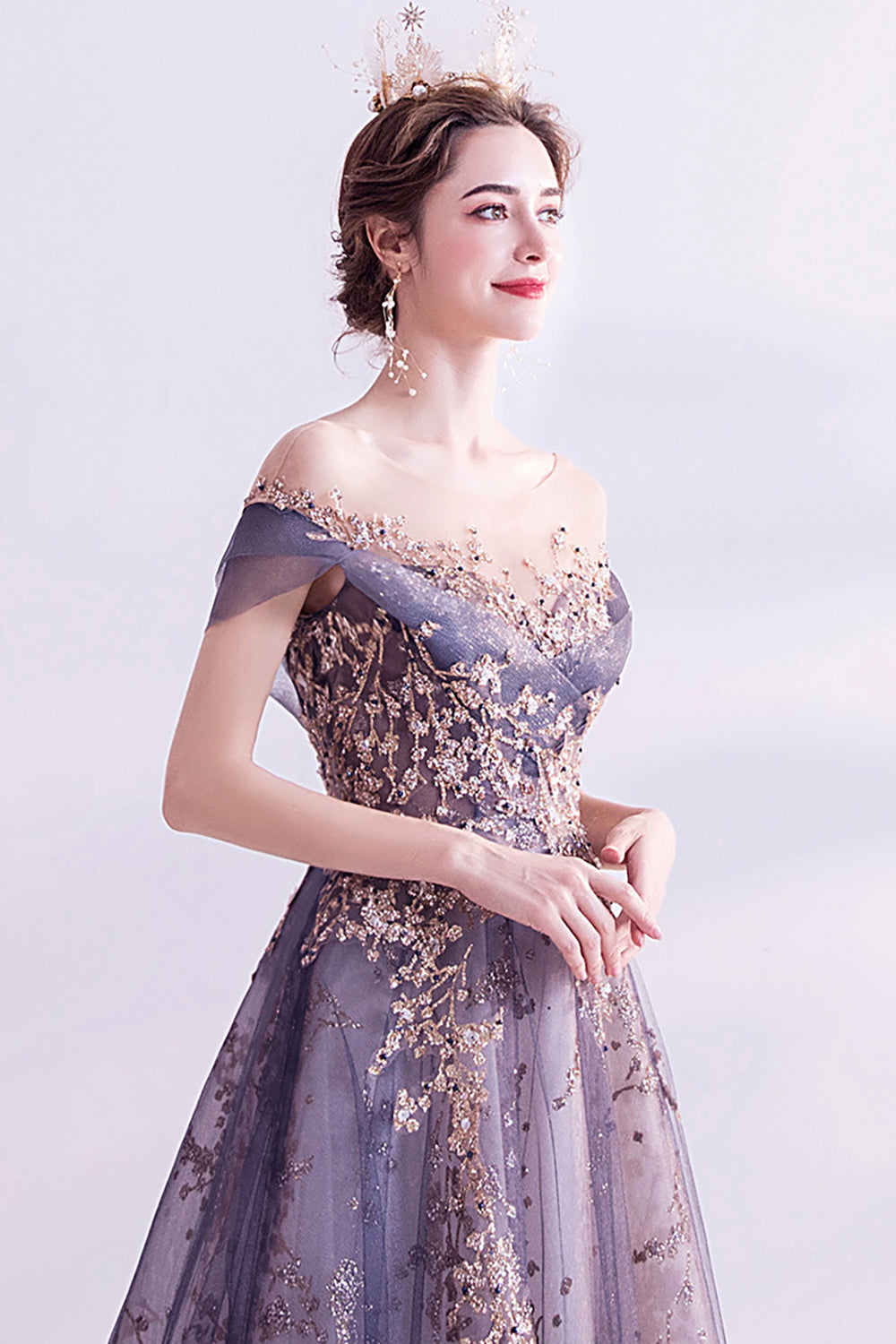 Vestido largo de fiesta de tul de tul púrpura brillante