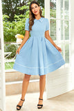 Vestido Azul Retro Mangas Cortas