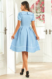 Vestido Azul Retro Mangas Cortas