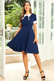 1950s Vestido Azul Marino A Línea