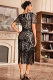 Vestido negro de champange con escote en V con flecos de Gatsby de la década de 1920 con lentejuelas