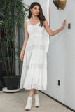 Vestido de vacaciones de playa boho blanco sin mangas de encaje simple hasta el té
