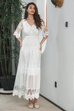 Vestido de fiesta de compromiso de encaje boho largo blanco de una línea