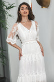 Vestido de fiesta de compromiso de encaje boho largo blanco de una línea