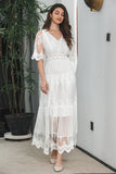 Vestido de fiesta de compromiso de encaje boho largo blanco de una línea