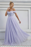 Vestido formal largo lila de tul de tul una línea