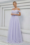 Vestido formal largo lila de tul de tul una línea
