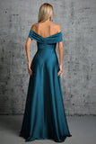 Vestido formal de satén azul pavo real con hombros descubiertos