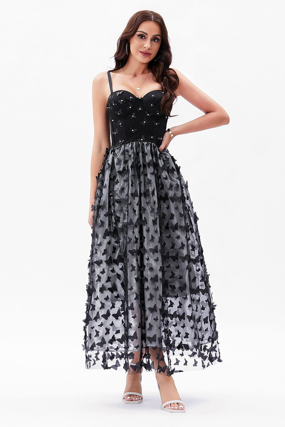 Vestido de fiesta con corsé de tirantes finos de línea A negro con mariposas 3D