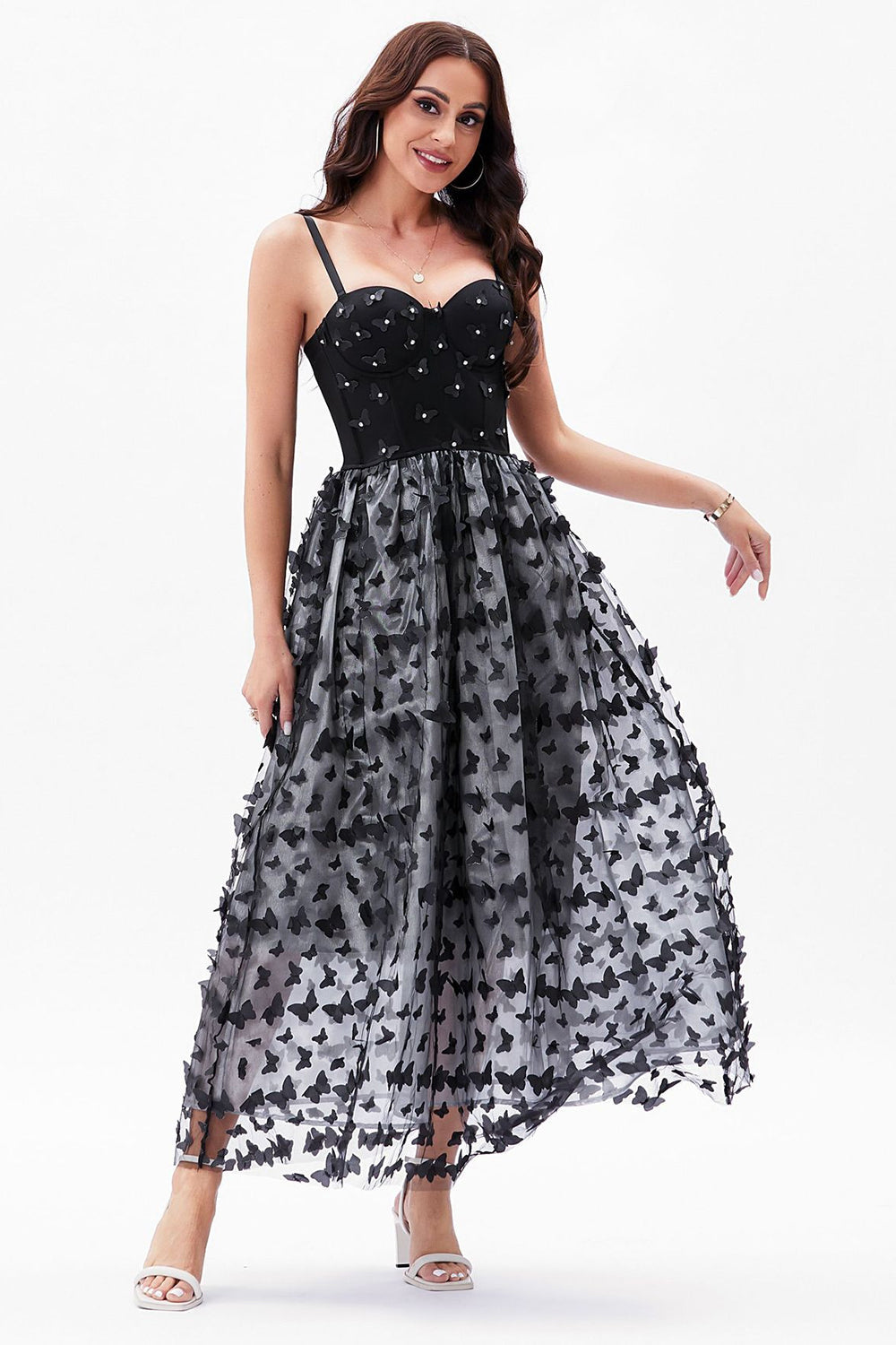 Vestido de fiesta con corsé de tirantes finos de línea A negro con mariposas 3D